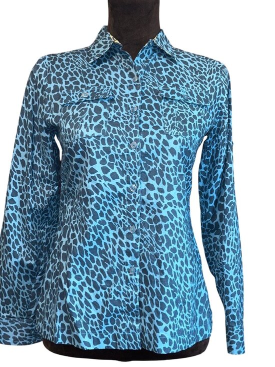 Jones New York Tops - Jones New York Womens Blue Animal Print Button-Down Shirt Size P/S 100% Cotton S